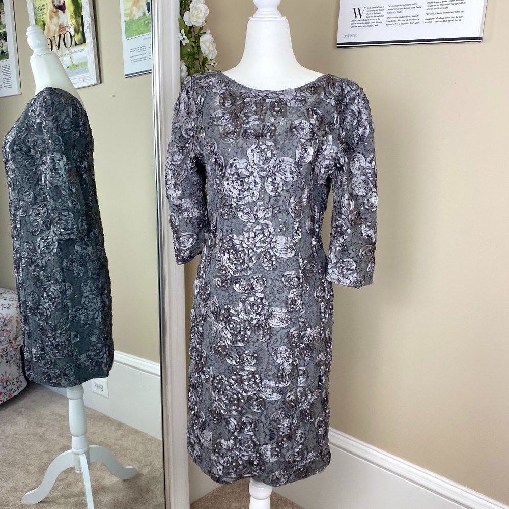 Alex Evenings Silver Rose Midi Cocktail Dress 6